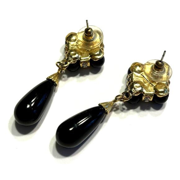 Elegant pierced earrings black enamel & white rhinestones drop & dangle style - Picture 3 of 6